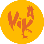 A stylized orange rooster on a yellow circle background, with its body and tail forming the word "NIK.