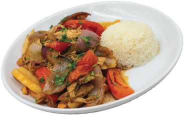 A white plate with a serving of stir-fried vegetables, chicken, and tomato slices garnished with herbs, next to a mound of white rice.