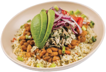 A bowl of rice topped with beans, shredded meat, sliced avocado, red onions, tomatoes, and green onions.