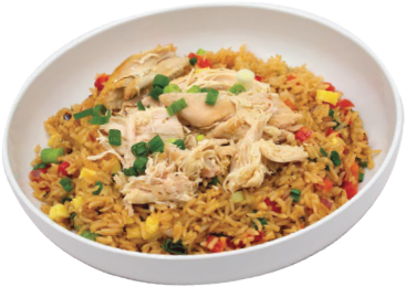 A white bowl filled with yellow rice mixed with vegetables and topped with shredded chicken and chopped green onions.